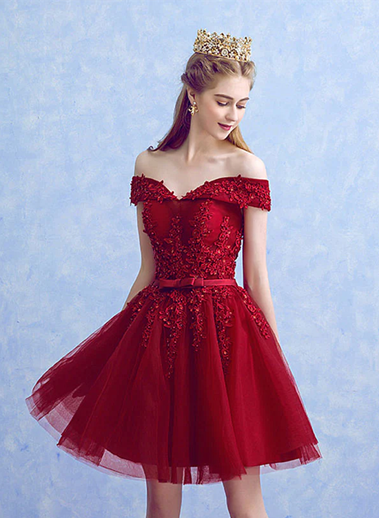 Vestido de fiesta de tul rojo vino con apliques de encaje 