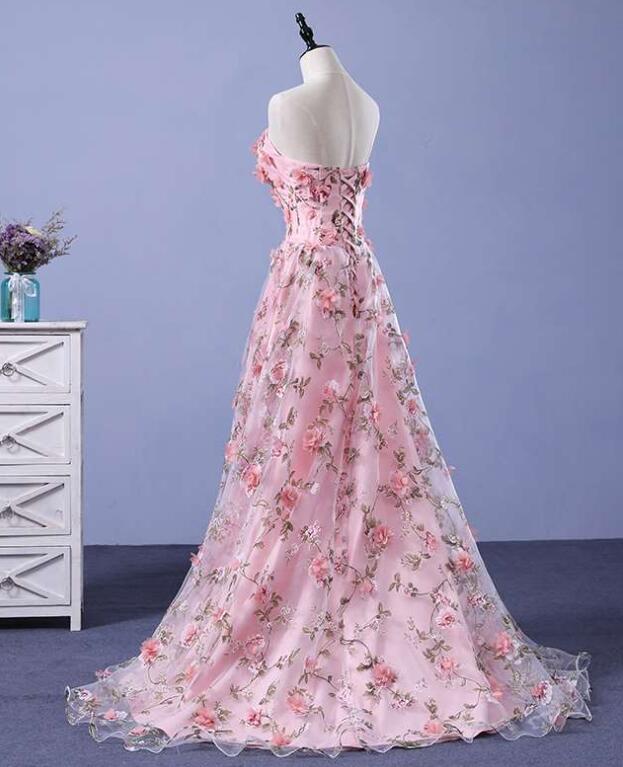Vestido de noche largo rosa con flores en forma de A 