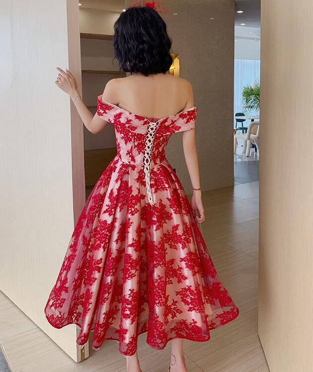 Red Lace Off Shoulder Tea Length Bridesmaid Dress