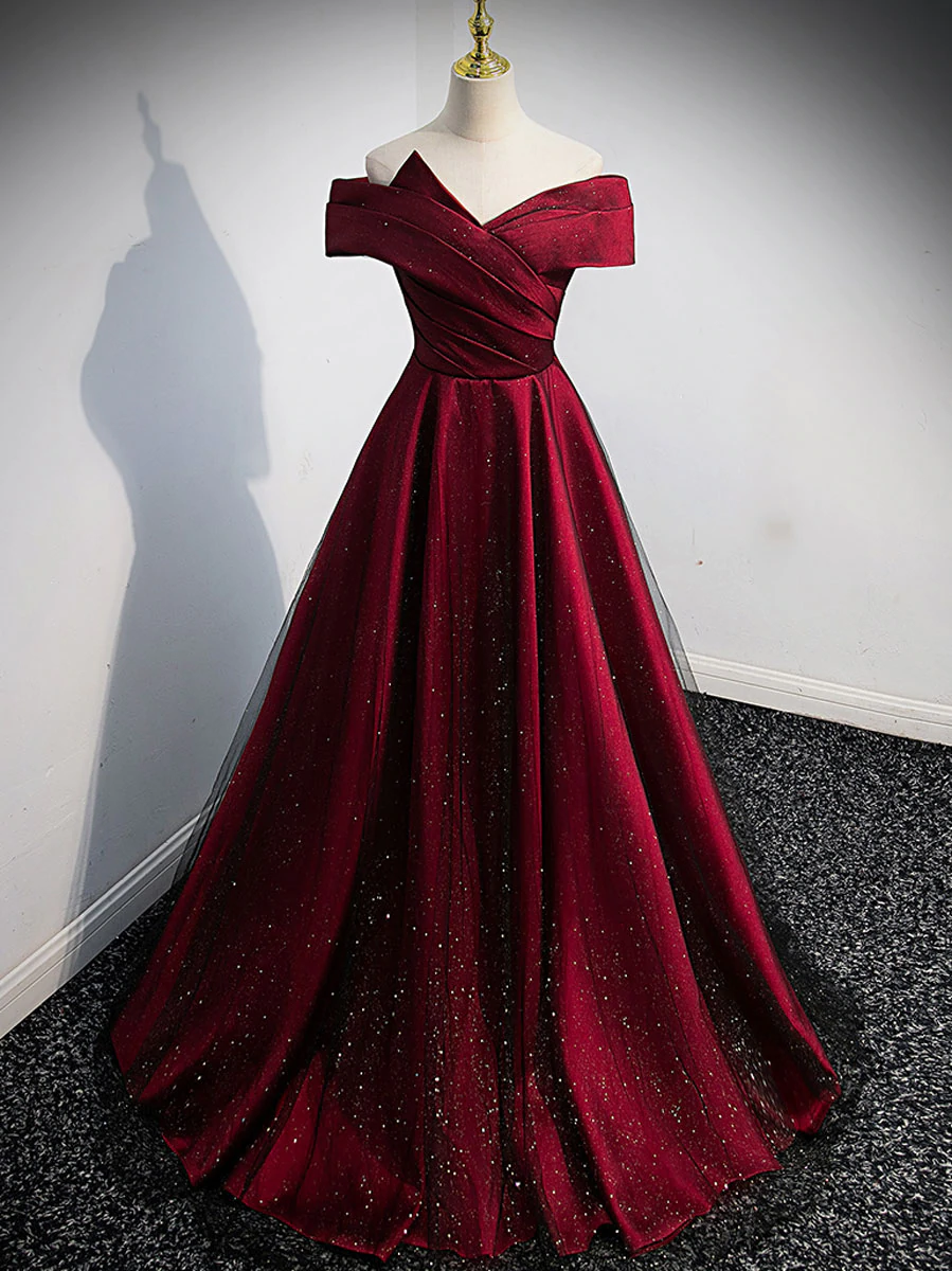 Gorgeous Wine Red Satin Off Shoulder Party Dress