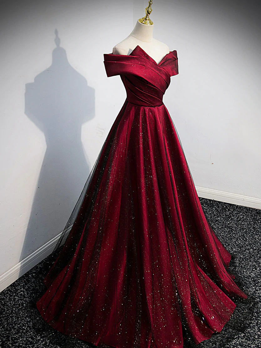 Gorgeous Wine Red Satin Off Shoulder Party Dress