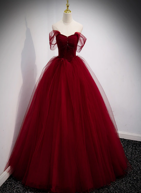 Lovely Wine Red Princess Tulle Beaded Long Party Dress