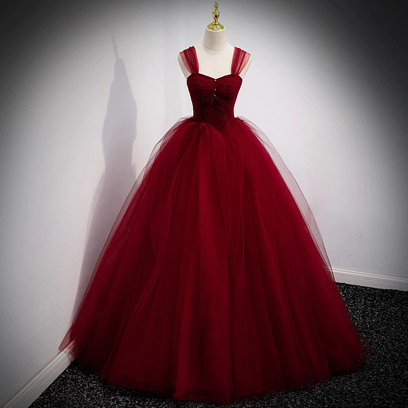 Lovely Wine Red Princess Tulle Beaded Long Party Dress