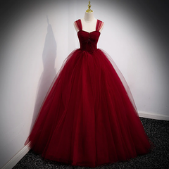 Lovely Wine Red Princess Tulle Beaded Long Party Dress