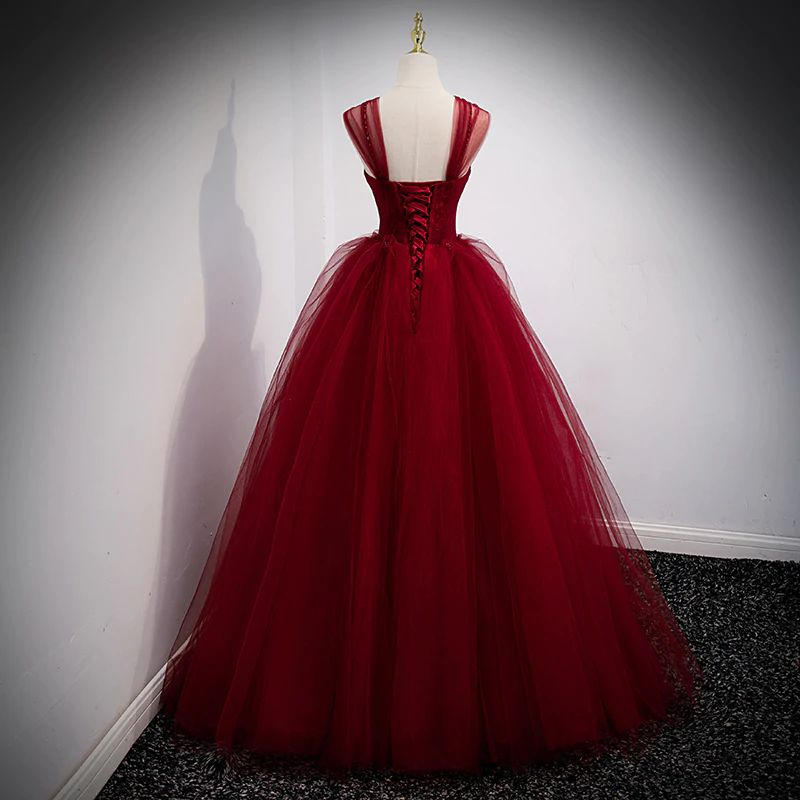 Lovely Wine Red Princess Tulle Beaded Long Party Dress