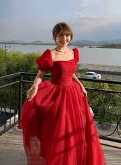 Beautiful Red Short Sleeves Tulle Prom Dress Party Dress