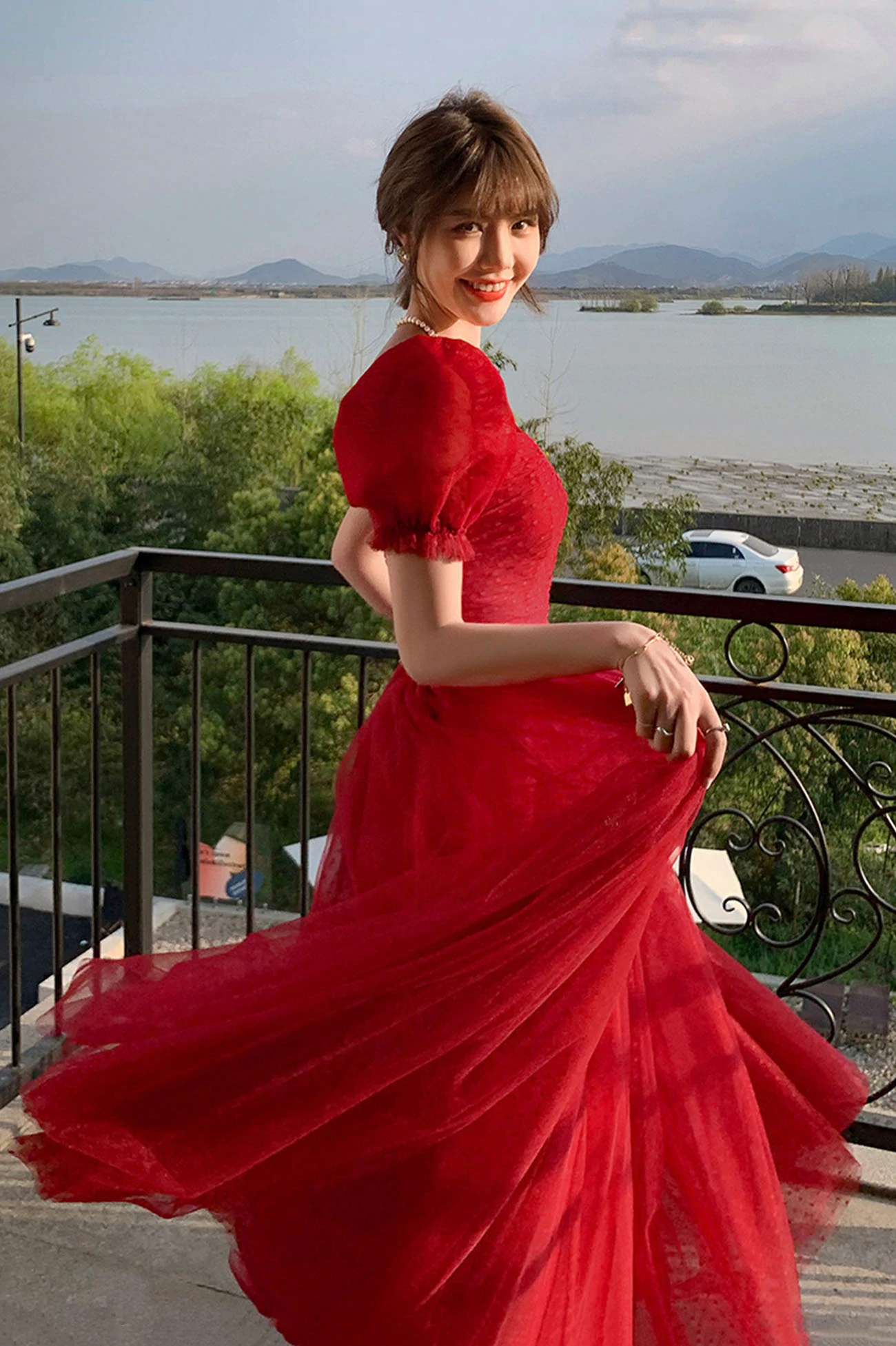 Beautiful Red Short Sleeves Tulle Prom Dress Party Dress