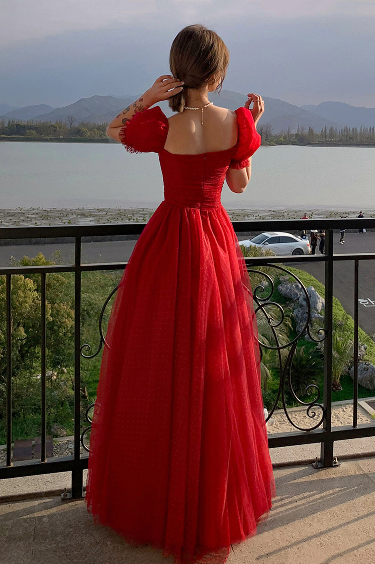 Beautiful Red Short Sleeves Tulle Prom Dress Party Dress