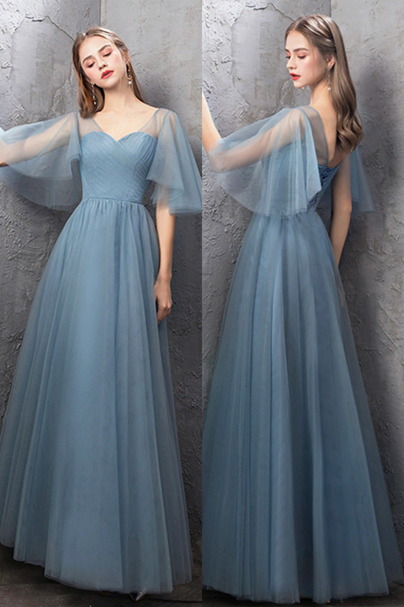 Blue Tulle Long Evening Simple Party Dresses