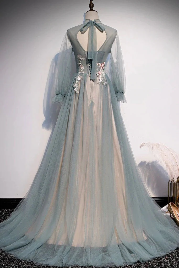 Lovely Long Sleeves Tulle Prom Dress with Flowers