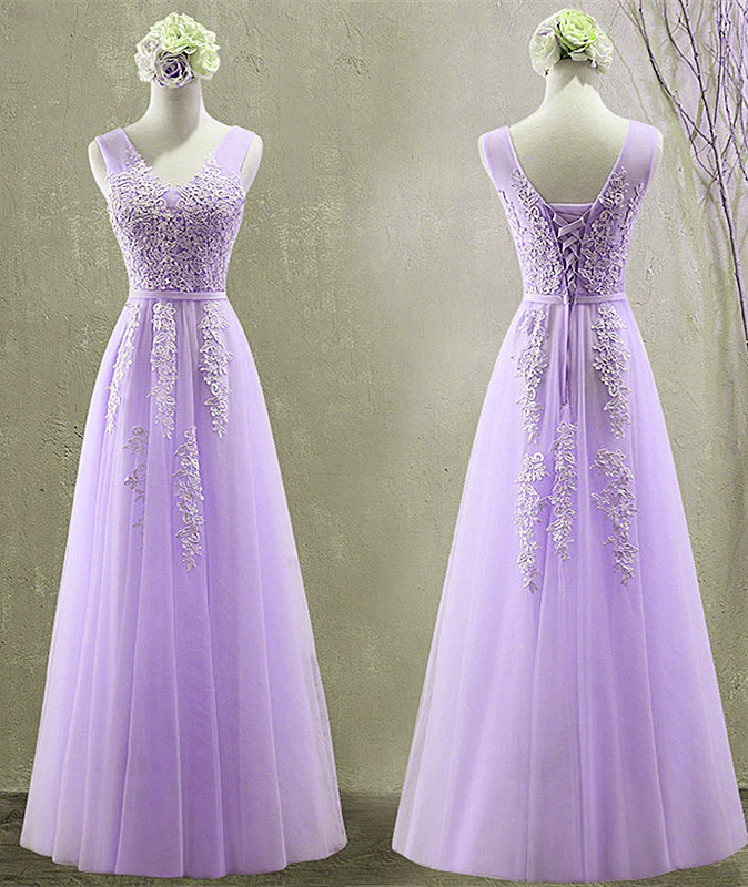 Cute Light Purple Tulle with Lace V-neckline Prom Dress