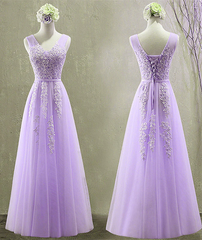 Cute Light Purple Tulle with Lace V-neckline Prom Dress