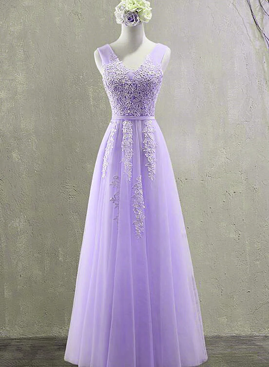 Cute Light Purple Tulle with Lace V-neckline Prom Dress