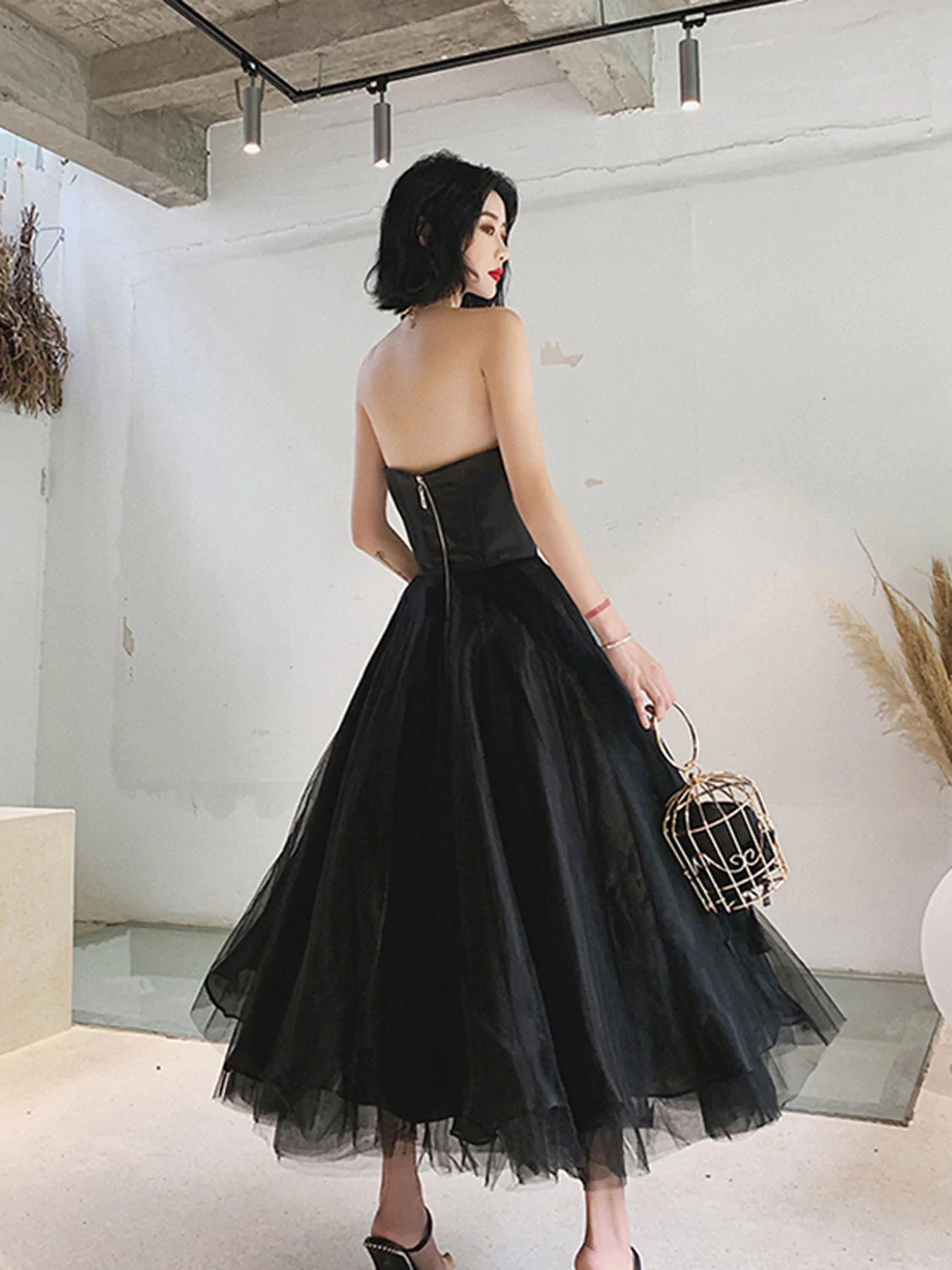 Black Tea Length Tulle Prom Party Dress