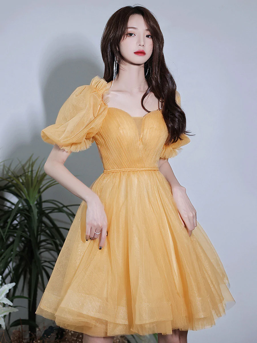 Yellow Short Sleeves Tulle Prom Dress