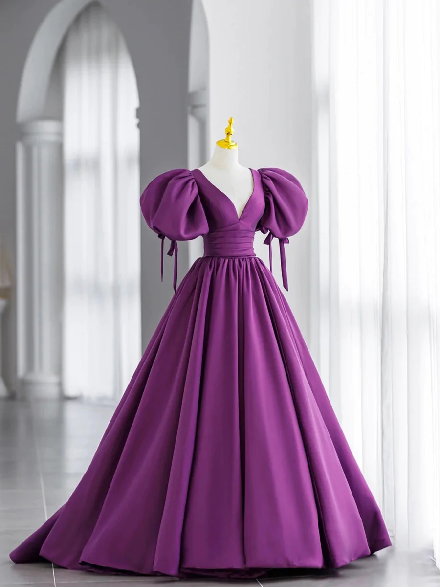 Purple Satin Puffy Sleeves Long Party Dress