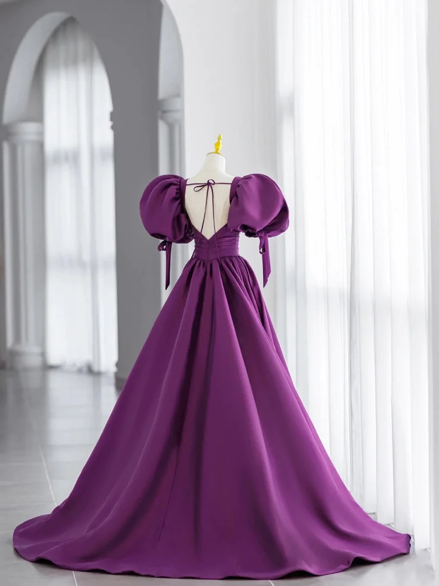 Purple Satin Puffy Sleeves Long Party Dress