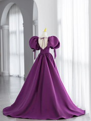 Purple Satin Puffy Sleeves Long Party Dress