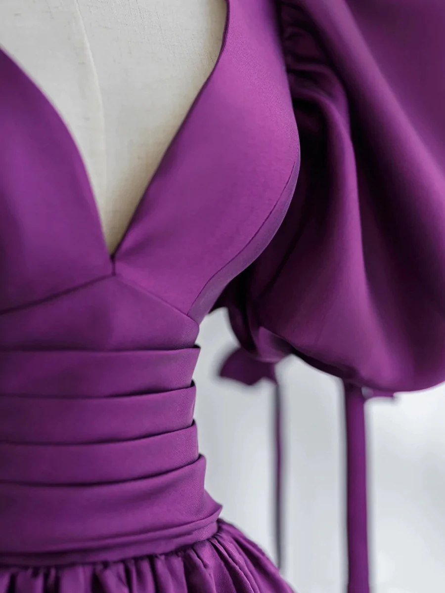 Purple Satin Puffy Sleeves Long Party Dress