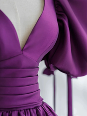 Purple Satin Puffy Sleeves Long Party Dress