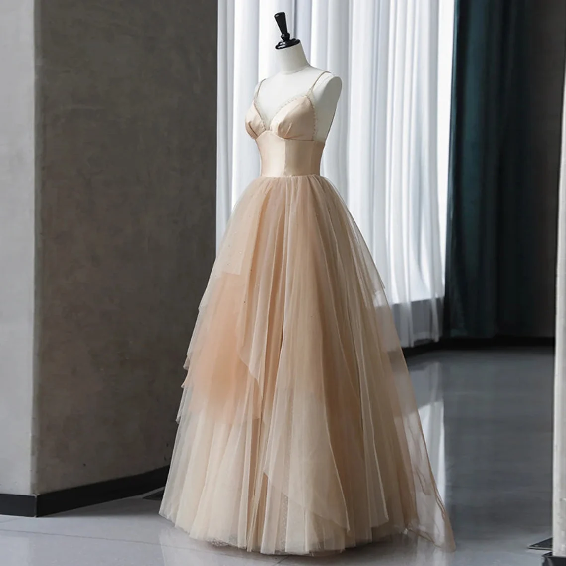 Champagne Tulle Gradient Tulle Straps Long Evening Dress
