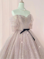 Pink Sweetheart-Neck Tulle Lace Half-Sleeve Prom Dresses