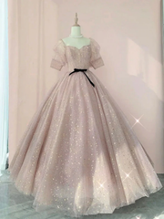 Pink Sweetheart-Neck Tulle Lace Half-Sleeve Prom Dresses