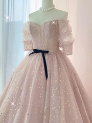 Pink Sweetheart-Neck Tulle Lace Half-Sleeve Prom Dresses