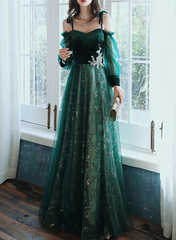 Dark Green Tulle Stunning Sequin Spaghetti Straps Prom Dress