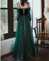 Dark Green Tulle Stunning Sequin Spaghetti Straps Prom Dress