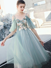 Green Tulle V-neckline Floral Tulle Knee Length Party Dress
