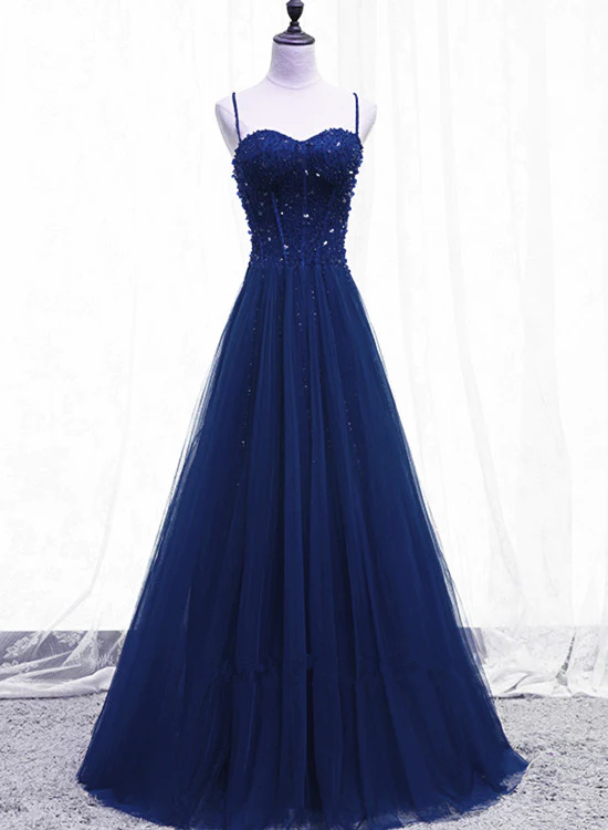 Blue Beaded Straps A-line Tulle New Prom Dress Party Dress