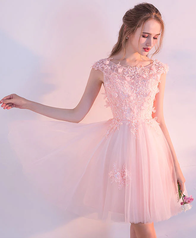 Vestidos de fiesta cortos de tul rosa con encaje y flores 