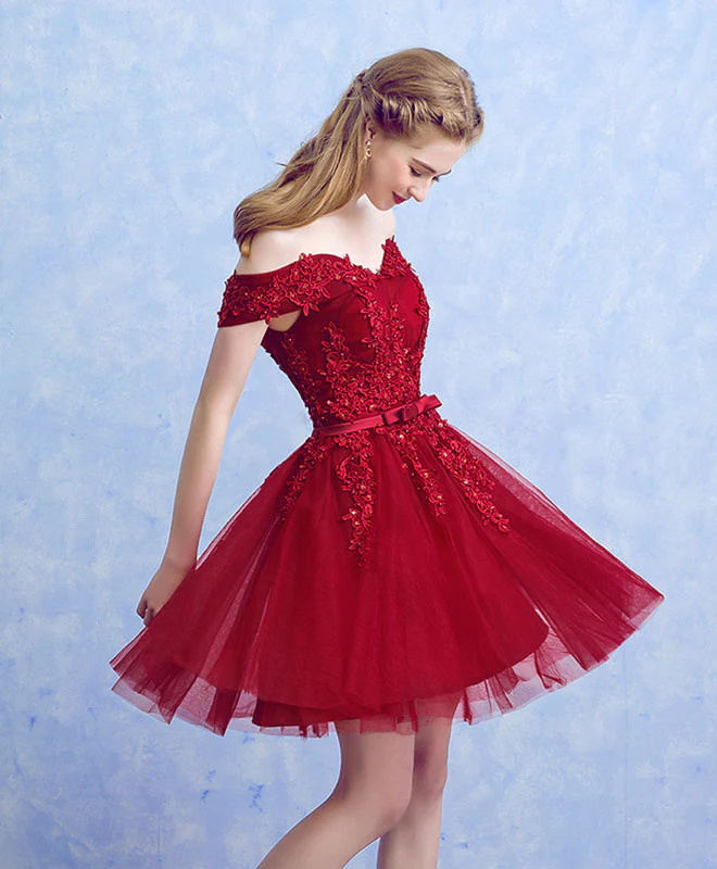 Vestido de fiesta de tul rojo vino con apliques de encaje 
