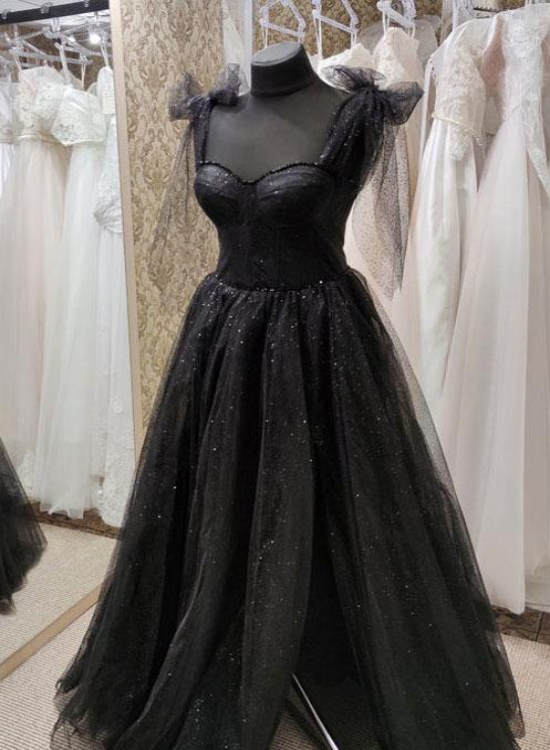Black Tulle Floor Length Long Party Dress with Slit