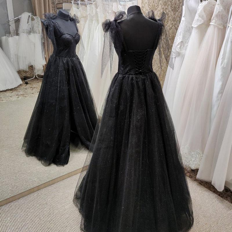 Black Tulle Floor Length Long Party Dress with Slit