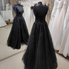 Black Tulle Floor Length Long Party Dress with Slit