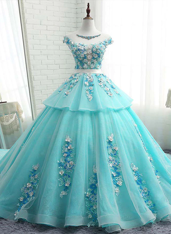 Lovey Blue Layers Ball Gown Tulle with Flowers Sweet 16 Gown