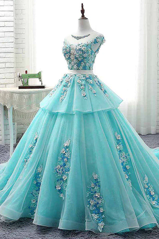 Lovey Blue Layers Ball Gown Tulle with Flowers Sweet 16 Gown