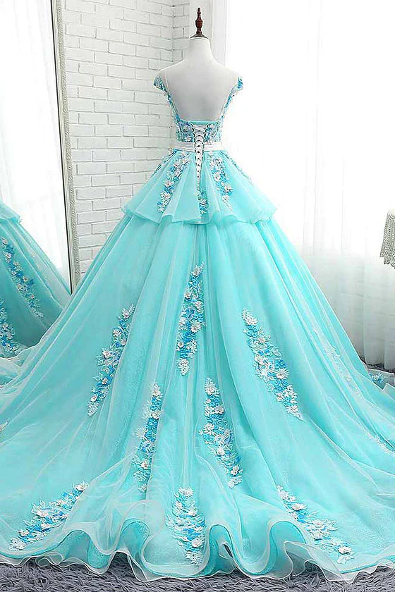 Lovey Blue Layers Ball Gown Tulle with Flowers Sweet 16 Gown