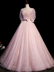 Vestido largo formal de tul rosa con mangas cortas 