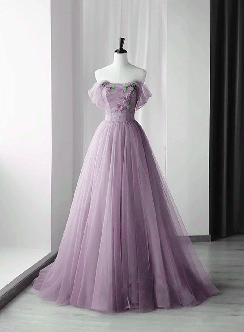 Elegante vestido de fiesta largo de tul con flores 