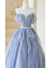 Blue Sweetheart Tulle Off-the-Shoulder Floor-Length Prom Dresses