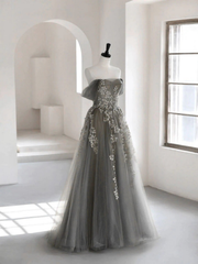 Vestido de fiesta largo de tul gris con hombros descubiertos y apliques de encaje, vestido de fiesta gris