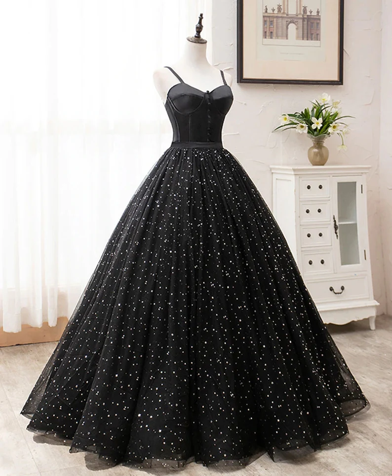 Black Sweetheart Straps Tulle Long Evening Gown