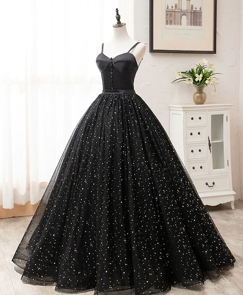 Black Sweetheart Straps Tulle Long Evening Gown