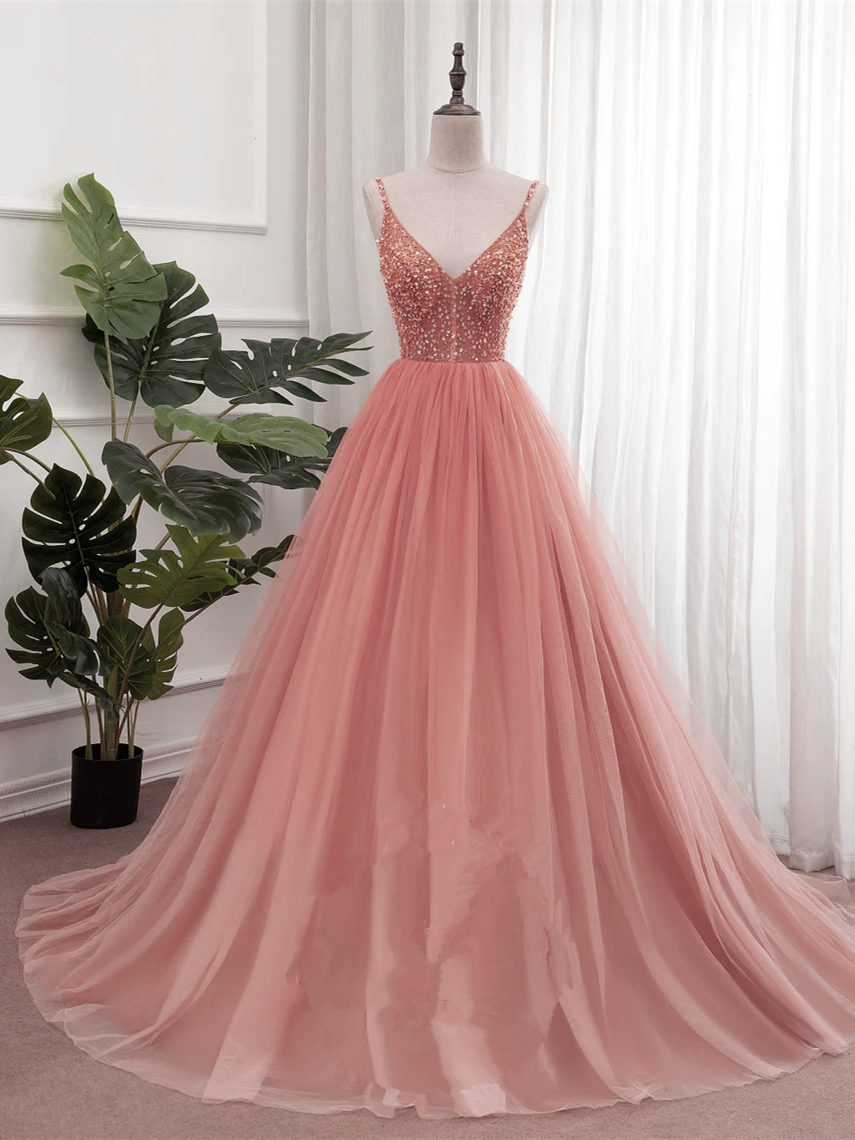 Vestido de noche largo con tirantes y escote en V y lentejuelas rosa oscuro 