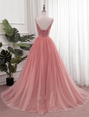 Vestido de noche largo con tirantes y escote en V y lentejuelas rosa oscuro 
