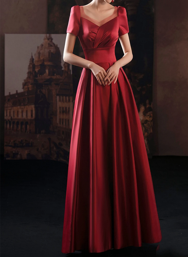 Vestido de fiesta de satén rojo vino con espalda baja, mangas cortas y cordones 