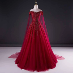 Vestido de fiesta largo de tul rojo vino con cuentas y brillo 